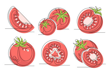 Tomato red continuous one line drawing set. Outline tomato vegetable icon collections isolated on a white background. Editable stroke. Vector illustration