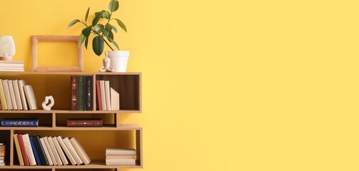 Bookshelf near yellow wall. Banner for design