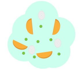 potatoes, peas, onions, chopped on a blue background,