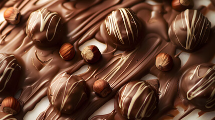 Naklejka premium Close-up of assorted chocolate pralines with rich textures, ideal for dessert, gourmet, and luxury food themes.