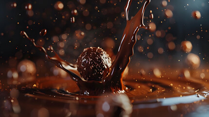Rich chocolate splash surrounding delicious truffles, ideal for dessert, food advertising, and indulgence themes.