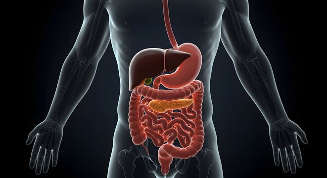 Anatomical view of human torso showing intestinal system
