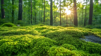 Lush green moss carpet in sunlit forest.