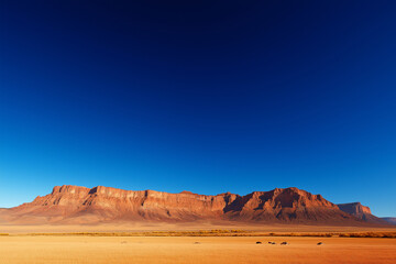Naklejka premium large flat mountain range in desert of Utah under clear blue sky, showcasing stunning natural landscape and golden grassland
