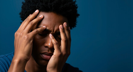 African American man with hands covering face against deep blue background. stress, anxiety or grief. Mental health, depression, emotional distress. Psychological support, therapy services.