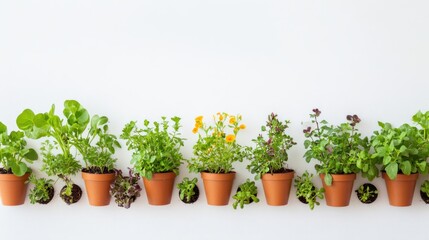 Fototapeta premium Fresh Herbs and Green Plants in Terracotta Pots on White Background