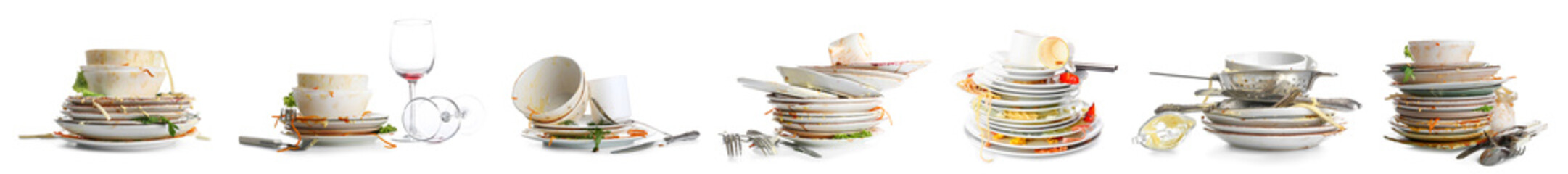 Set of dirty tableware on white background