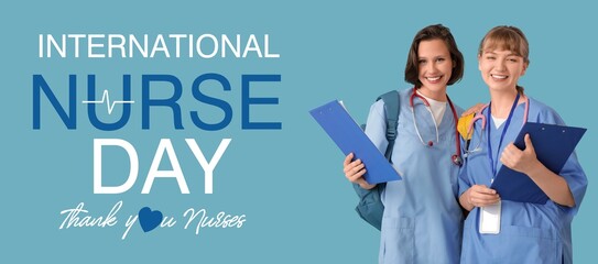 Young female medical assistants on blue background. Banner for International Nurse Day