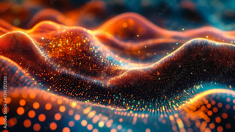 Poster abstract digital network waves with glowing particles representing data flow and connectivity in a f