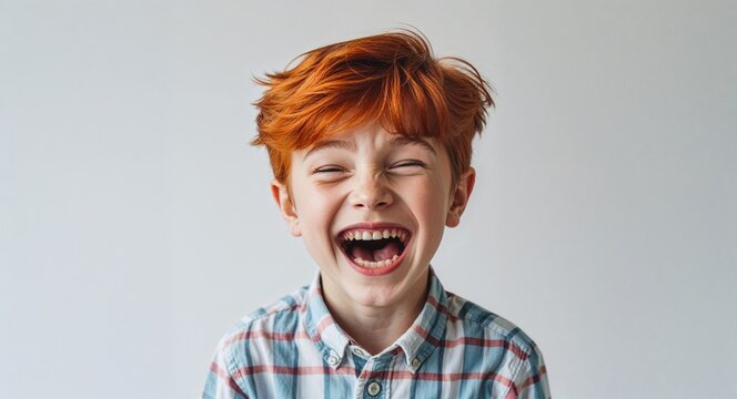 Naklejki redhead kid boy on white plain bright background happy laughing hysterical looking at camera portrait banner with copy space ad concept marketing