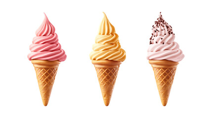 Pack of Ice Cream Cone set of Three Different Poses set Against Transparent Background for Dessert Branding, Food Promotion, or Sweet Treat Design Projects