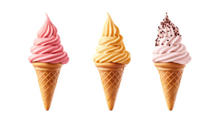 Pack of Ice Cream Cone set of Three Different Poses set Against Transparent Background for Dessert Branding, Food Promotion, or Sweet Treat Design Projects