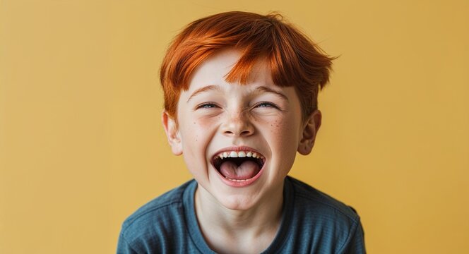 Naklejki redhead kid boy on yellow plain bright background happy laughing hysterical looking at camera portrait banner with copy space ad concept marketing