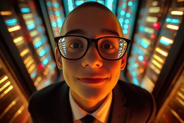 Financial analyst looks smiling widely at the monitor in dark data center. Creative design idea of it. Nerd brazilian teenager boy in a power suit, data visualization reflections in his glass.
