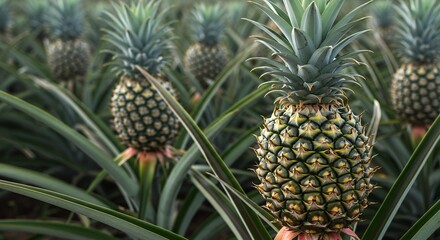 Obraz premium Closeup of Pineapple Plants in Field