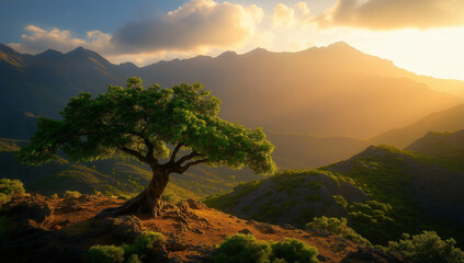 majestic old tree with gnarled trunk stands alone on mountain ridge, bathed in warm golden light during sunset. surrounding mountains create stunning backdrop, enhancing serene atmosphere
