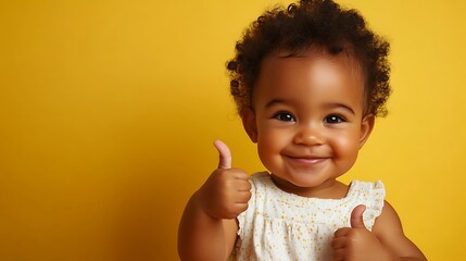 a smiling toddler giving thumbs up on bright yellow background representing positivity cheerful child playful innocence and happy childhood lifestyle portrait