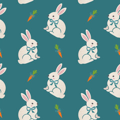Seamless pattern and texture with cute rabbits, blue bow ties and carrots, Easter, vector illustration.