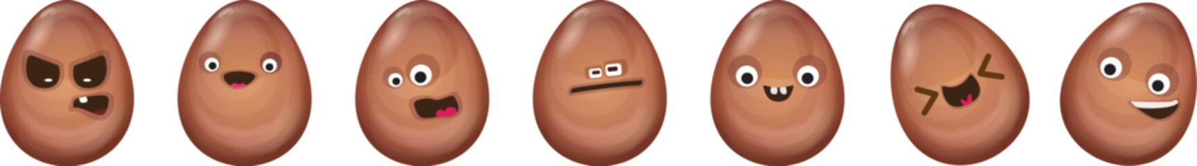 Chocolate Easter Eggs set - Cartoon Characters with Varied Facial Expressions, Humorous Holiday Set for Spring Celebrations and Easter Greetings