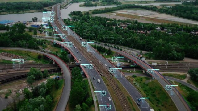 Futuristic satellite view of traffic surveillance on a busy expressway with added HUD elements. Artificial intelligence scans the environment, detects cars, tracks vehicles and identifies drivers, 4k.