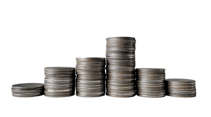 Piles money coins of gleaming isolated on against transparent background. Banking and financial concept