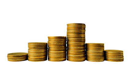 Piles money gold coins of gleaming isolated on against transparent background. Banking and...