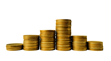 Piles money gold coins of gleaming isolated on against transparent background. Banking and financial concept