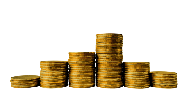 Piles money gold coins of gleaming isolated on against transparent background. Banking and financial concept