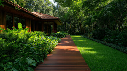 modern wooden house surrounded by lush greenery and wooden walkway leads through vibrant garden. serene atmosphere invites relaxation and connection with nature