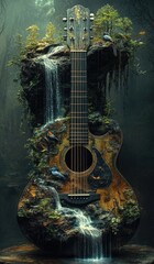 Acoustic guitar adorned with a lush, miniature forest, waterfalls, and birds