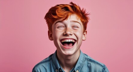 redhead teen boy on pink plain bright background happy laughing hysterical looking at camera portrait banner with copy space ad concept marketing