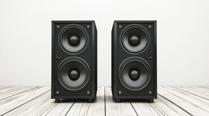 Black speakers on light wooden floor