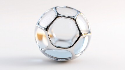 Naklejka premium A shiny, transparent soccer ball made of metallic material, featuring a unique hexagonal pattern, reflecting light against a soft background.