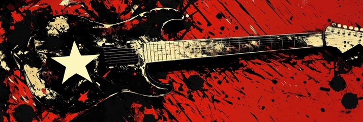 Electric guitar with white star on a splashy, textured red and black background