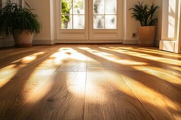 Fototapeta premium Serene wooden floor bathed in warm sunlight