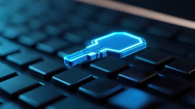 A glowing blue encryption key floating above a futuristic keyboard