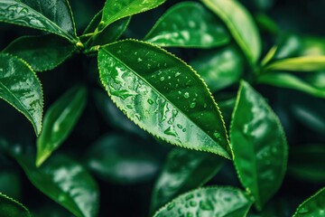 Fototapeta premium Detailed examination of leaf veins on a tea plant showing moisture Generative AI