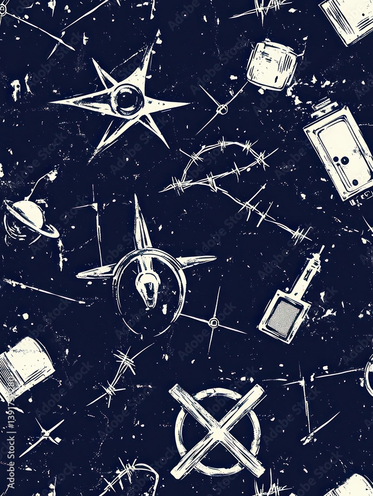 Poster abstract navy backdrop displaying sketched starbursts and various symbolic elements