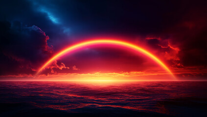 Fototapeta premium stunning rainbow arches over vibrant sunset, casting colorful reflections on ocean waves. dramatic sky features dark clouds illuminated by warm hues, creating breathtaking scene