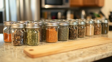A clean kitchen counter with jars of spices and a cutting board pic