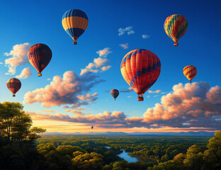 vibrant painting of hot air balloons floating above scenic landscape, showcasing colorful designs against bright blue sky with fluffy clouds. serene view includes river and distant mountains