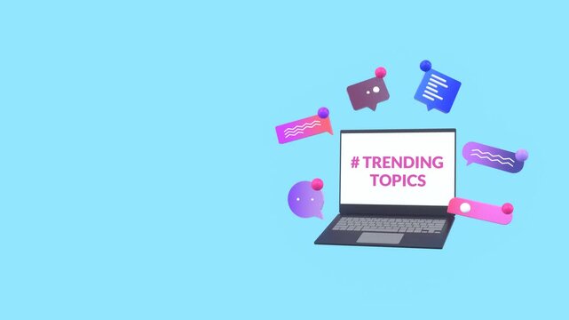 An Animated Laptop And Diverse Speech Bubbles With Copy Space For Text. Representing The Rapid Exchange Of Ideas, Diverse Online Interactions, Trending Topics and influential discussions.