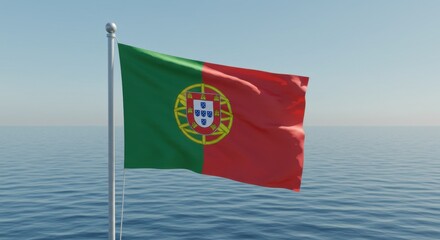 Portuguese Flag Waving Over the Calm Ocean Waters A Stunning View of the National Symbol