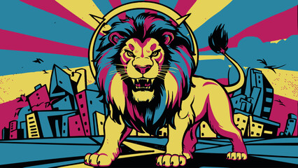 Colorful Illustrated Lion Artwork with Vibrant Abstract Patterns  