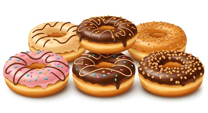 A delectable collection of assorted donuts, each with unique and vibrant glazes, sprinkles, and toppings, creating a tempting and colorful display of sweet treats against a clean white background.