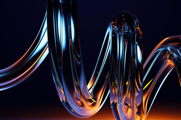 3d abstract liquid glass holographic transparent wave line on dark blue background. Chromatic spiral swirl, rainbow fluid flow with neon light gradient. Futuristic digital tech render. 3D illustration