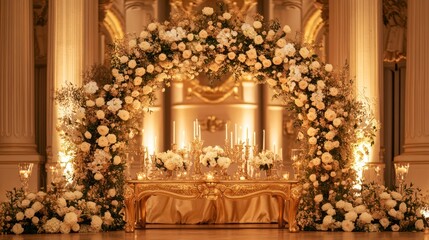 Elegant Floral Arch Wedding Reception, Gold Table Setting