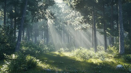 Naklejka premium A dense forest with tall pine trees and sunlight streaming through the canopy pic