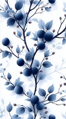 Elegant Blue and White Floral Phone Wallpaper 4K Vertical Background with Round Berries and Delicate Branches


