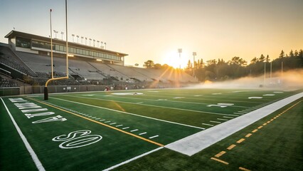 Wide-angle view of an American football field at golden hour, with freshly painted yard lines, vibrant green turf, and goalposts gleaming under the fading sunlight.